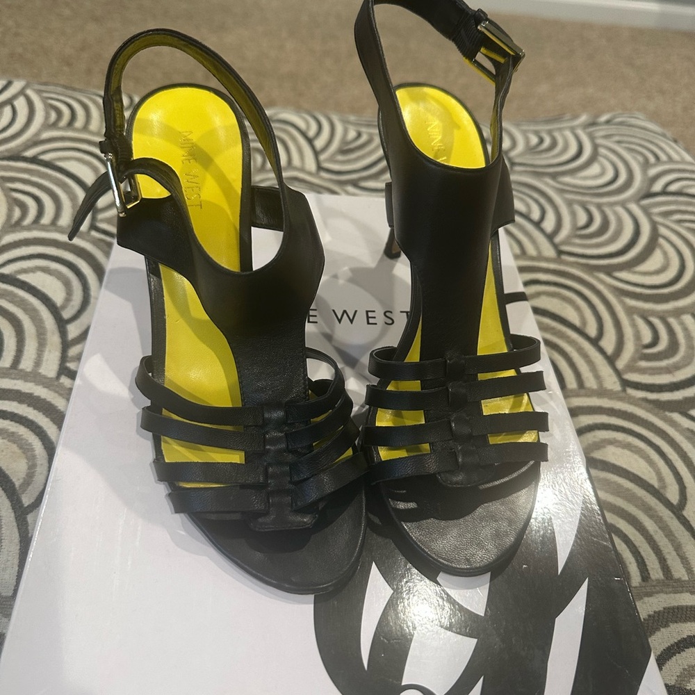 Nine West Black Strappy Slingback Heels with Yellow Insole